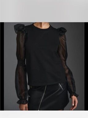 Anthropologie Black Puff-Sleeve Sheer-Sleeve Top